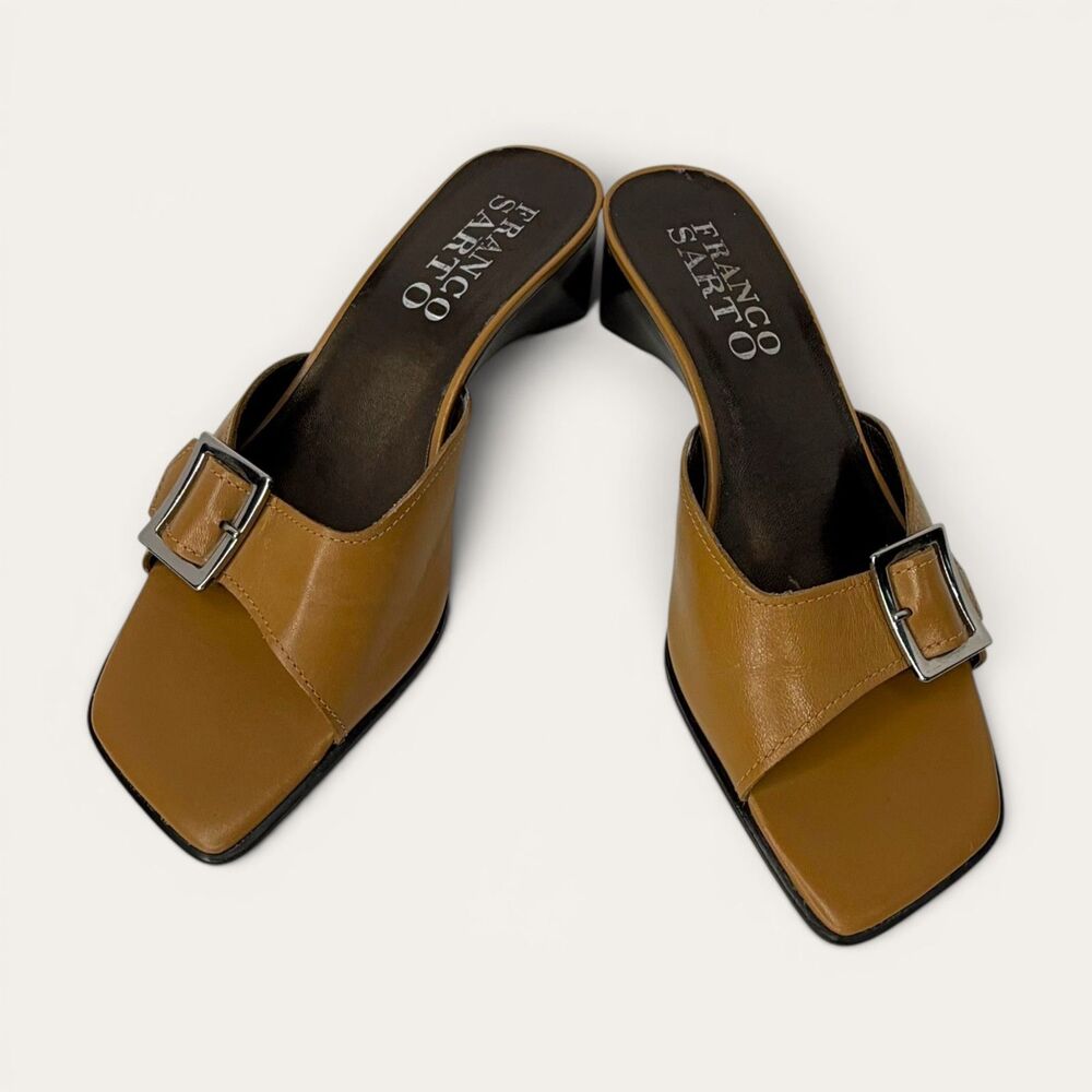 Franco Sarto Square Toe Buckle Wedge Mules Size 6